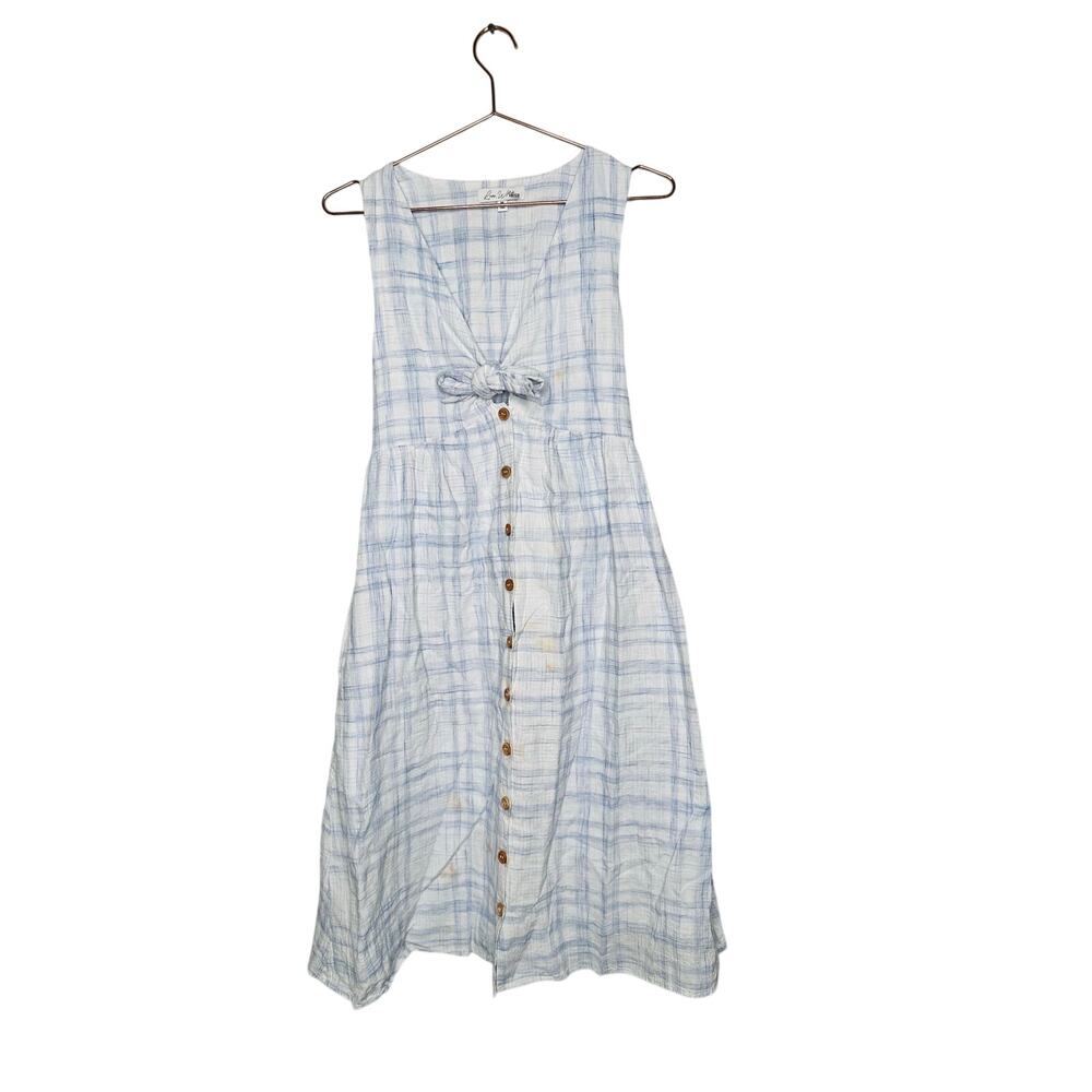 LOVE WHIT Blue Plaid Checkered Tie Front Cotton V-Neck Midi Dress Size Medium - Picture 3 of 14